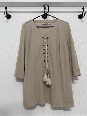 belleBEACH LACE UP V-neck TUNIC TOP 3/4 Slv EUC Linen-Look Viscose Blend